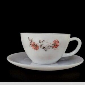 Set of 2 Vintage FIRE KING Oven Ware White Milk Glass Cup & Saucer